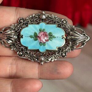 BLUE ENAMEL 1910 Elegant Silver and Blue Floral Brooch 💙